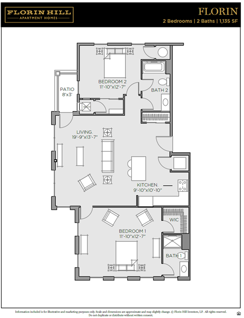 Floor plan for 2 beds, 2 baths, 1135 sqft