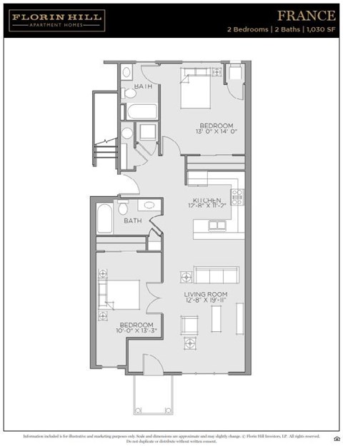 Floor plan for 2 beds, 2 baths, 1030 sqft