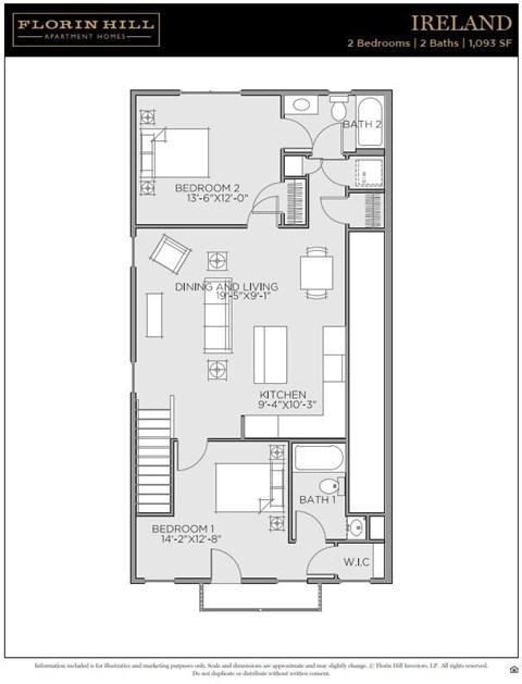 Floor plan for 2 beds, 2 baths, 1093 sqft