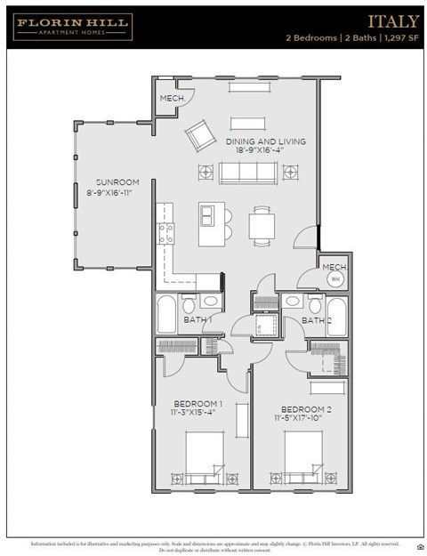Floor plan for 2 beds, 2 baths, 1297 sqft