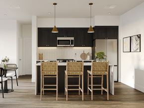 Lancaster apartment for rent - a kitchen with an island with stools in a modern apartment