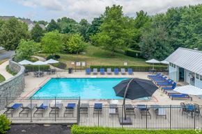 Mount Joy apartment for rent - A pool surrounded by lawn chairs and trees.