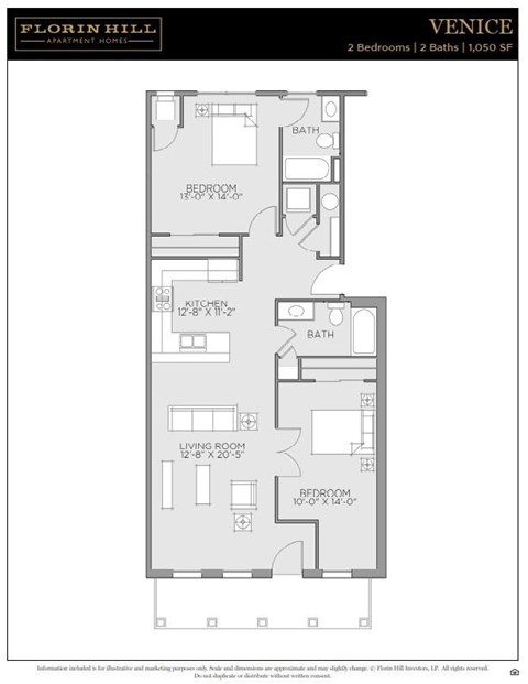 Floor plan for 2 beds, 2 baths, 1050 sqft