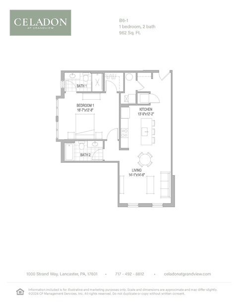 Floor plan for 1 bed, 2 baths, 962 sqft