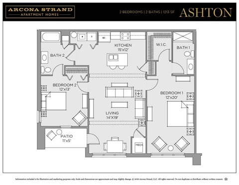 Floor plan for 2 beds, 2 baths, 1213 sqft