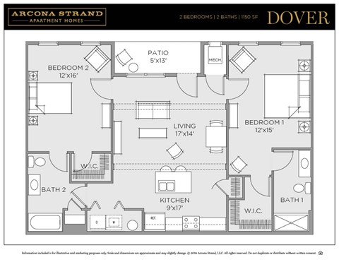 Floor plan for 2 beds, 2 baths, 1150 sqft