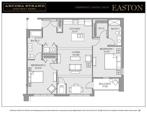 Floor plan for 2 beds, 2 baths, 1213 sqft