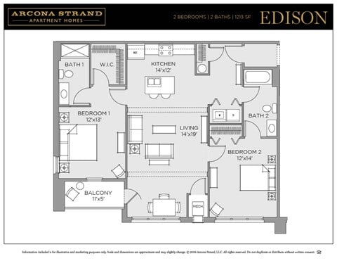 Floor plan for 2 beds, 2 baths, 1213 sqft