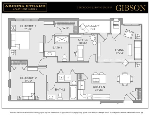 Floor plan for 2 beds, 2 baths, 1423 sqft