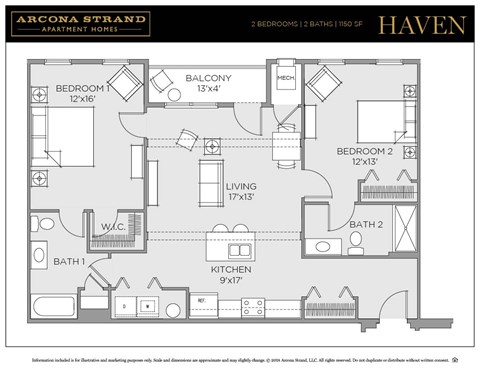 Floor plan for 2 beds, 2 baths, 1150 sqft