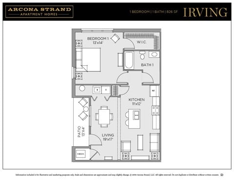 Floor plan for 1 bed, 1 bath, 826 sqft