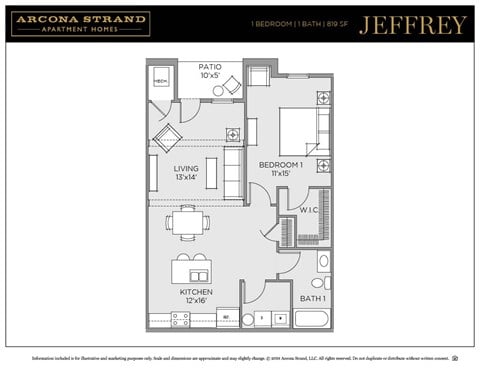 Floor plan for 1 bed, 1 bath, 819 sqft