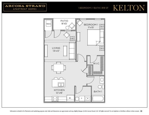 Floor plan for 1 bed, 1 bath, 819 sqft