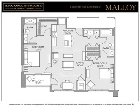 Floor plan for 2 beds, 2 baths, 1213 sqft