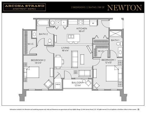 Floor plan for 2 beds, 2 baths, 1191 sqft