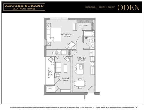 Floor plan for 1 bed, 1 bath, 826 sqft