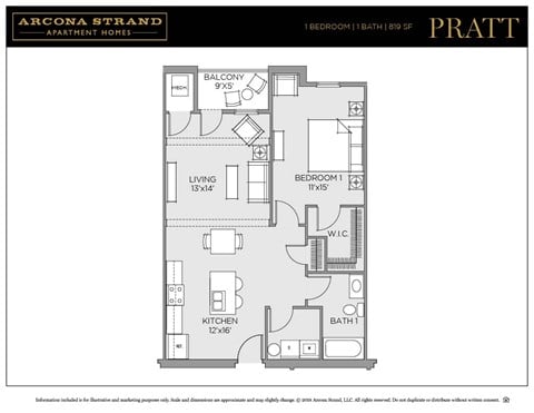 Floor plan for 1 bed, 1 bath, 819 sqft
