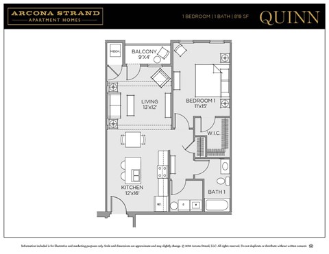 Floor plan for 1 bed, 1 bath, 819 sqft
