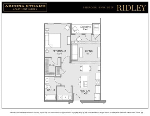 Floor plan for 1 bed, 1 bath, 819 sqft