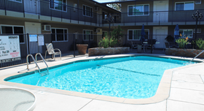 Riverside apartment for rent - A small pool in front of apartment building.