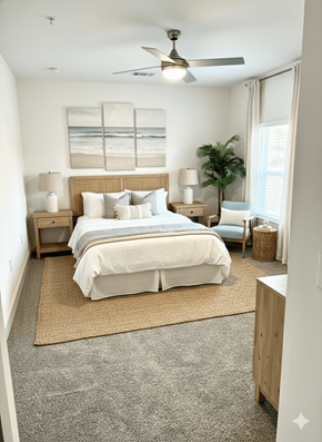 Gulf Breeze apartment for rent - A bedroom with a large bed and a ceiling fan.
