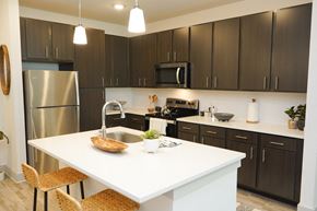 Gulf Breeze apartment for rent - A modern kitchen with a white island and dark brown cabinets.