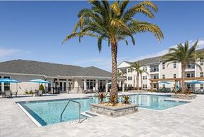 Gulf Breeze apartment for rent - A palm tree stands in front of a pool and apartment building.
