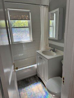 Jamaica Plain apartment for rent - A white bathroom with a toilet, sink, and shower.
