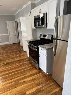 Jamaica Plain apartment for rent - A kitchen with a stainless steel refrigerator, microwave, and dishwasher.