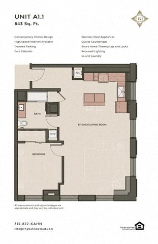 Floor plan for 1 bed, 1 bath, 843 sqft