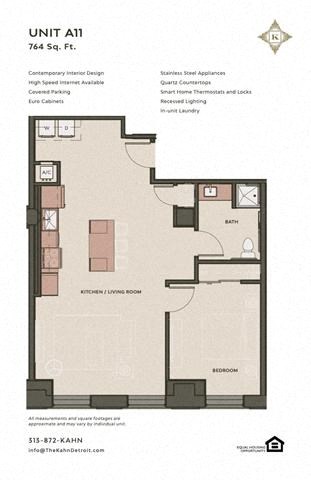 Floor plan for 1 bed, 1 bath, 745 sqft