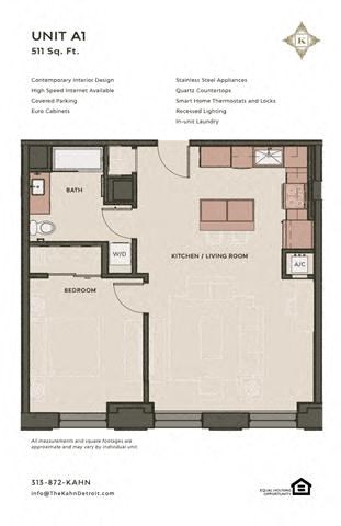 Floor plan for 1 bed, 1 bath, 680 sqft