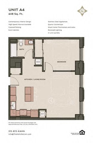 Floor plan for 1 bed, 1 bath, 668 sqft