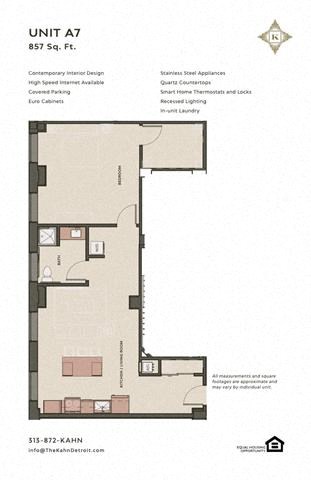 Floor plan for 1 bed, 1 bath, 857 sqft