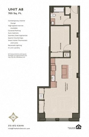 Floor plan for 1 bed, 1 bath, 715 sqft