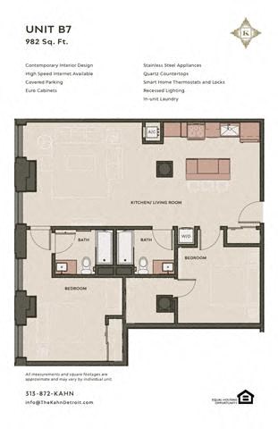 Floor plan for 2 beds, 2 baths, 980 sqft