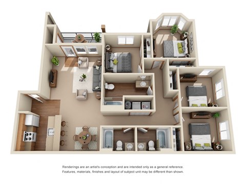 Floor plan for 4 beds, 3 baths, 1420 sqft
