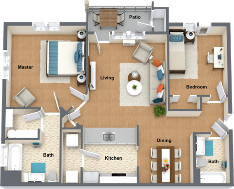 Floor plan for 2 beds, 2 baths, 1080 sqft