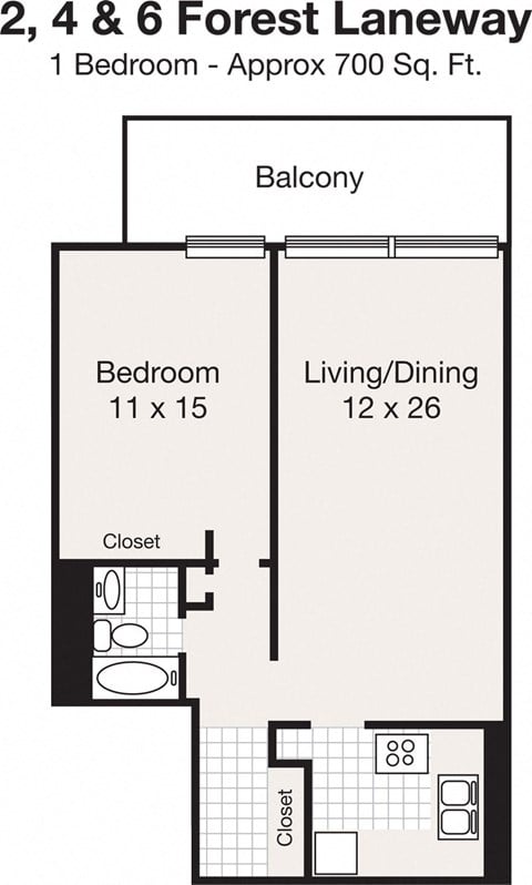 Floor plan for 1 bed, 1 bath, 700 sqft