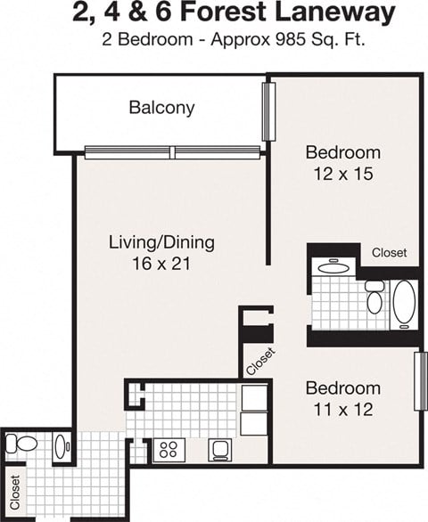 Floor plan for 2 beds, 2 baths, 985 sqft