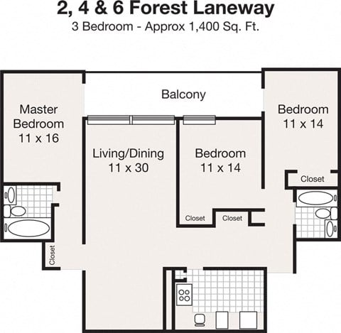 Floor plan for 3 beds, 2 baths, 1400 sqft