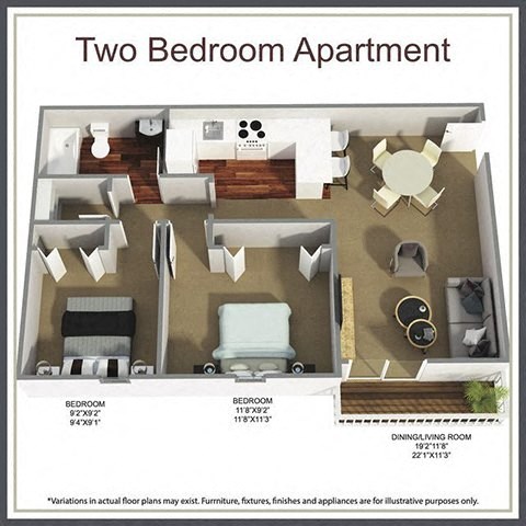 Floor plan for 2 beds, 1 bath, 734 sqft