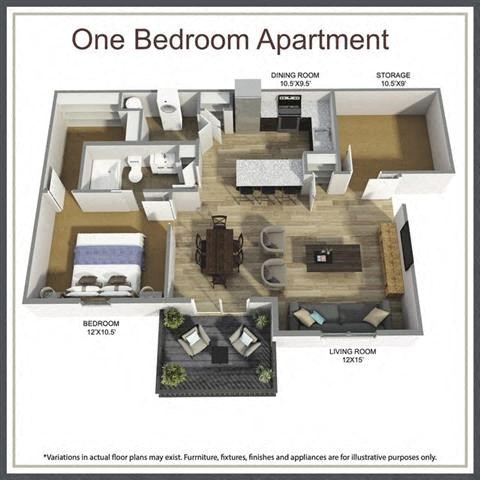 Floor plan for 1 bed, 1 bath, 848 sqft