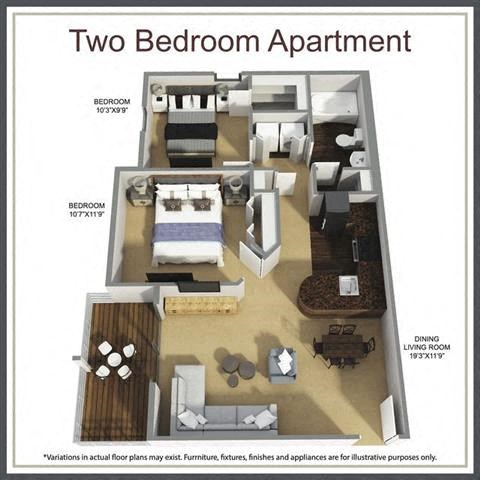Floor plan for 2 beds, 1 bath, 707 sqft