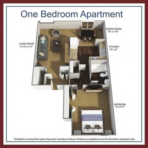 Floor plan for 1 bed, 1 bath, 657 sqft