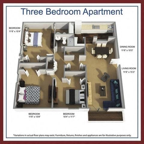 Floor plan for 3 beds, 2 baths, 1089 sqft