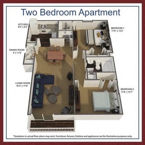 Floor plan for 2 beds, 1 bath, 710 sqft