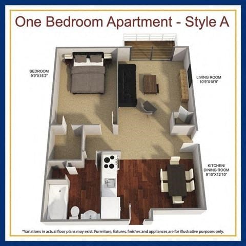Floor plan for 1 bed, 1 bath, 600 sqft