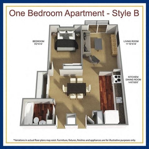 Floor plan for 1 bed, 1 bath, 790 sqft