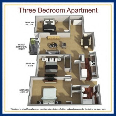 Floor plan for 3 beds, 1 bath, 1040 sqft